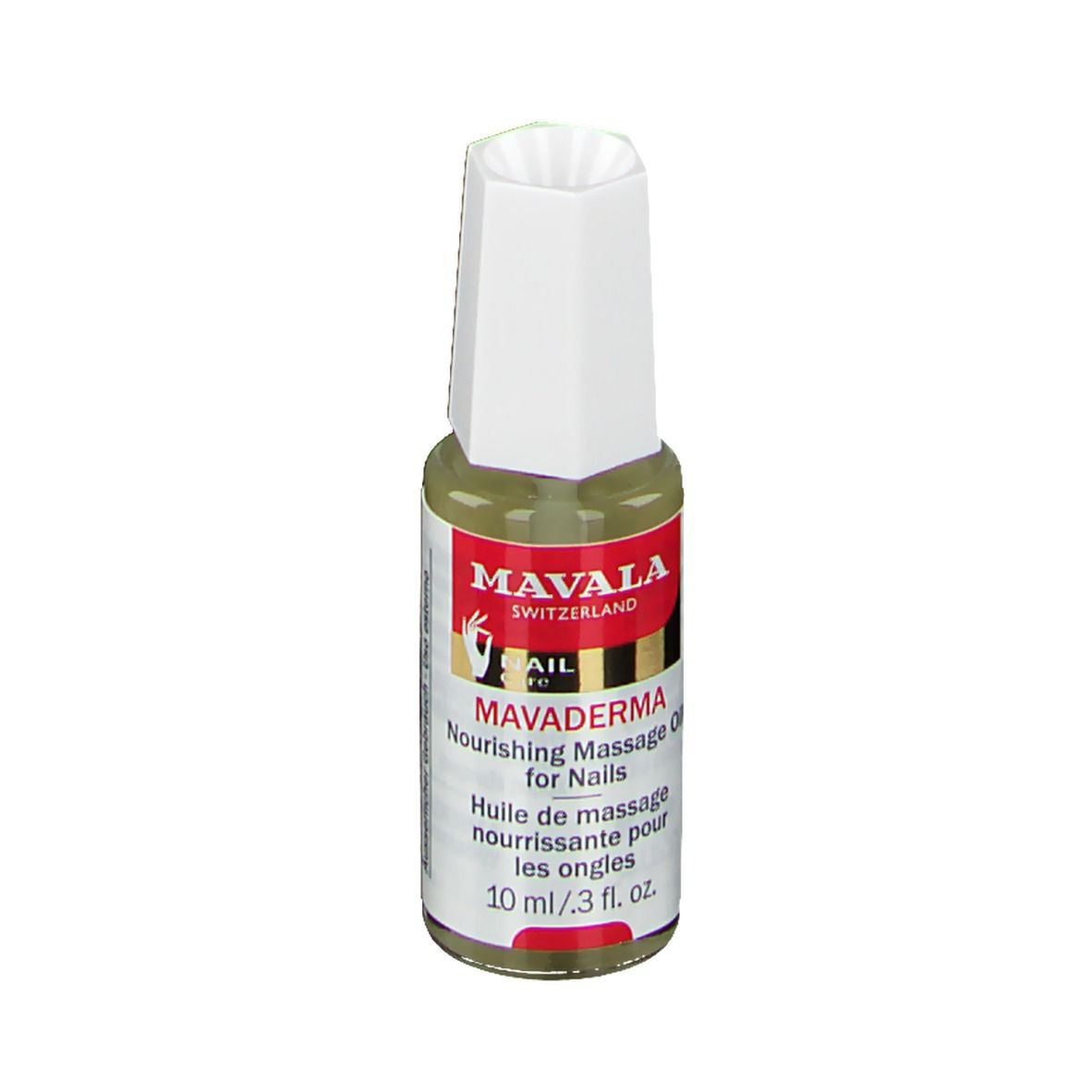 Flacon d'huile Mavala Mavaderma pour ongles, bouchon blanc. Inscription : Nourishing Massage Oil for Nails.
