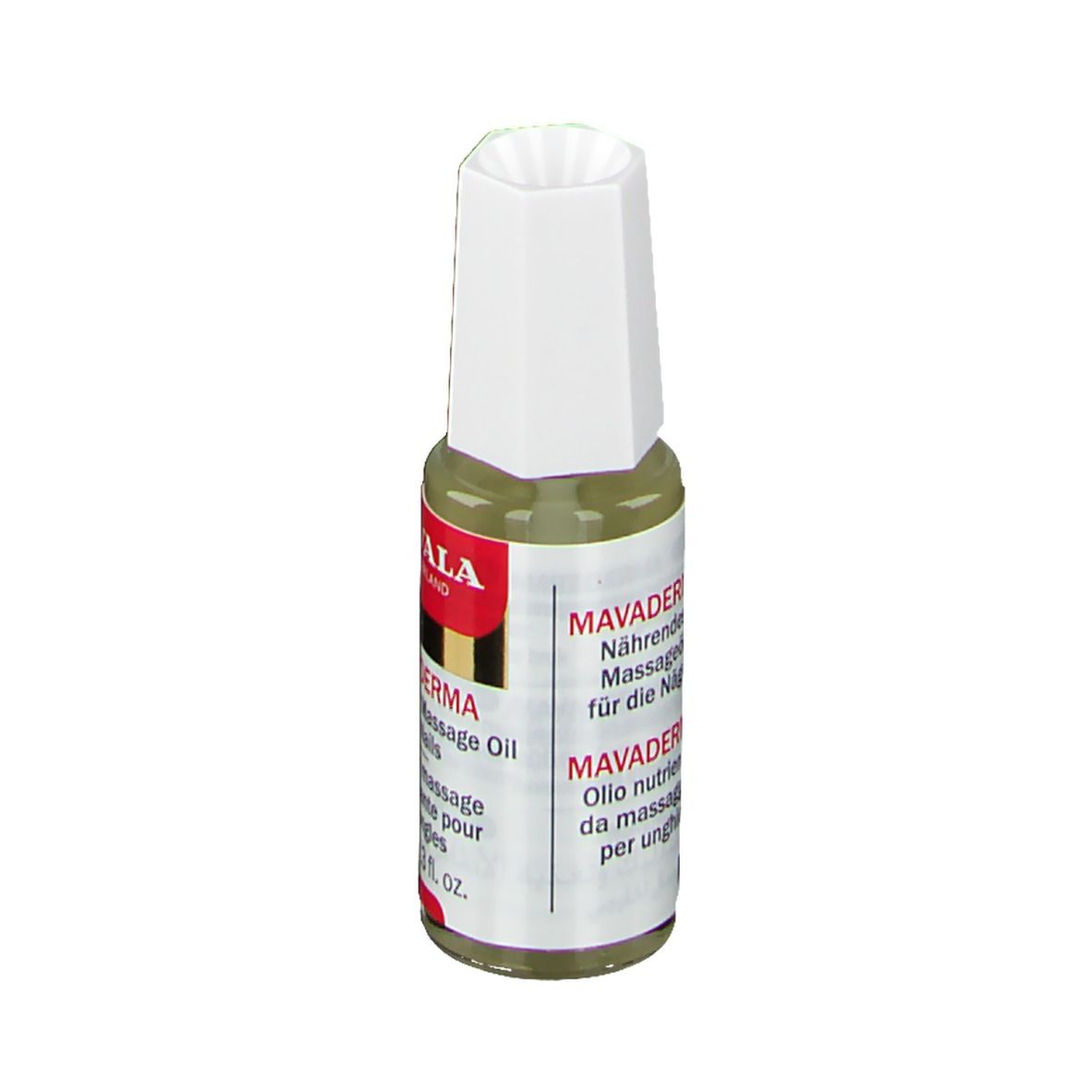 Flacon d'huile Mavala Mavaderma pour ongles, bouchon blanc. Inscription : Nourishing Massage Oil for Nails.