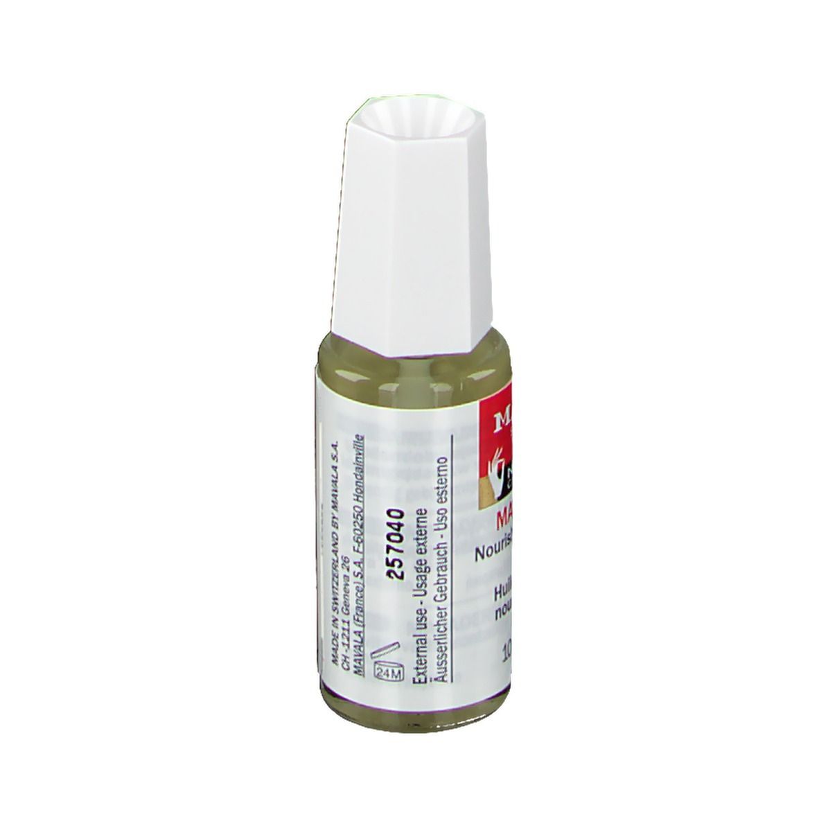 Flacon d'huile Mavala Mavaderma pour ongles, bouchon blanc. Inscription : Nourishing Massage Oil for Nails.