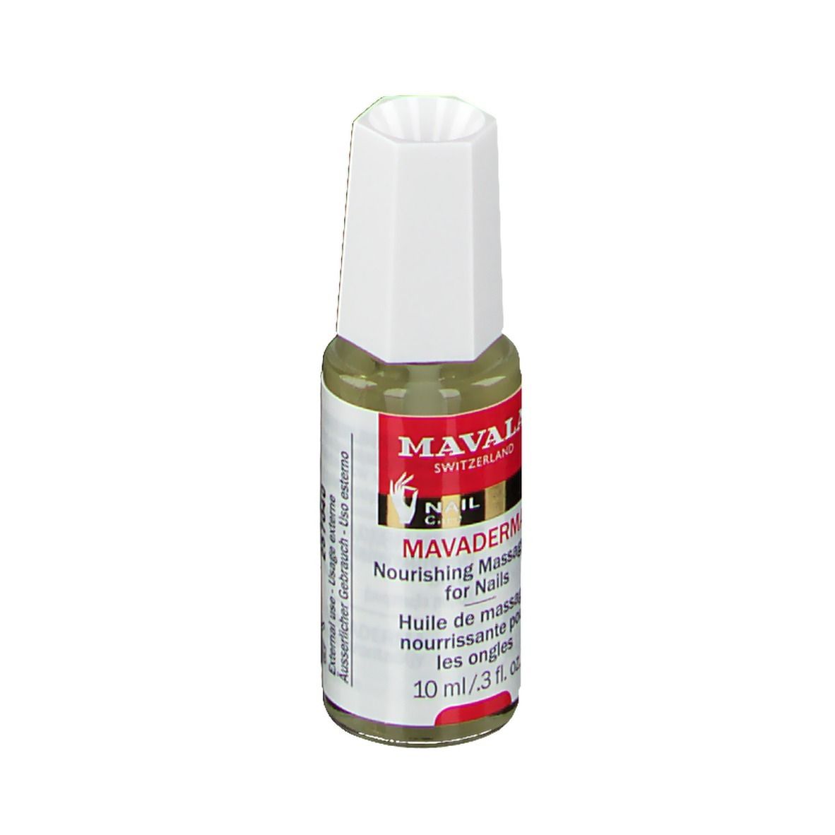 Flacon d'huile Mavala Mavaderma pour ongles, bouchon blanc. Inscription : Nourishing Massage Oil for Nails.