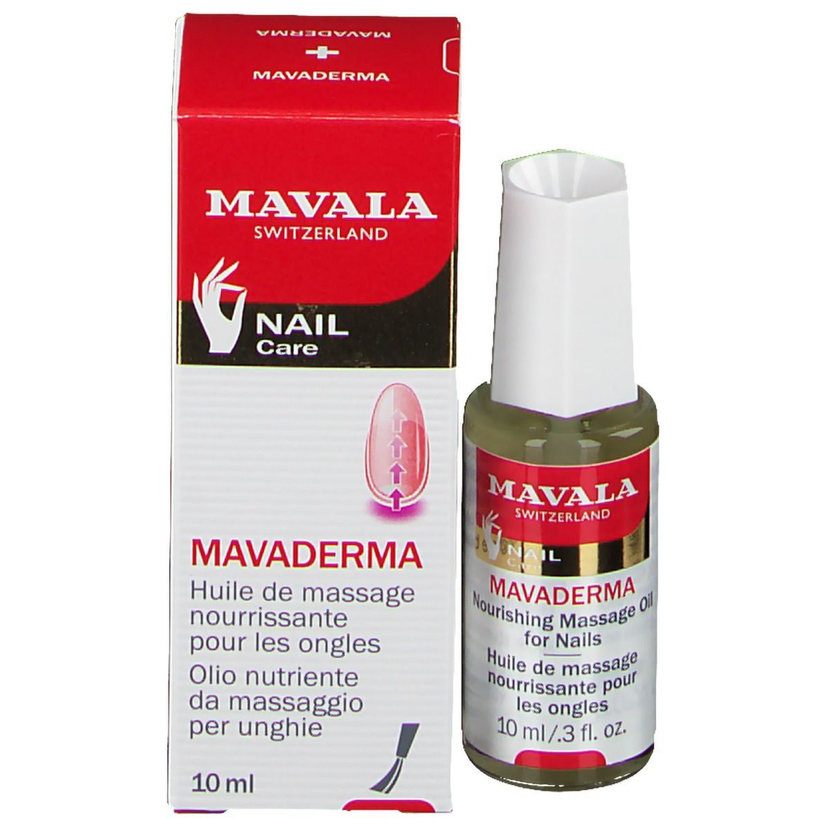 Flacon et emballage d'huile Mavala Mavaderma. Inscription : Mavala, Nail Care, Nourishing Massage Oil for Nails.