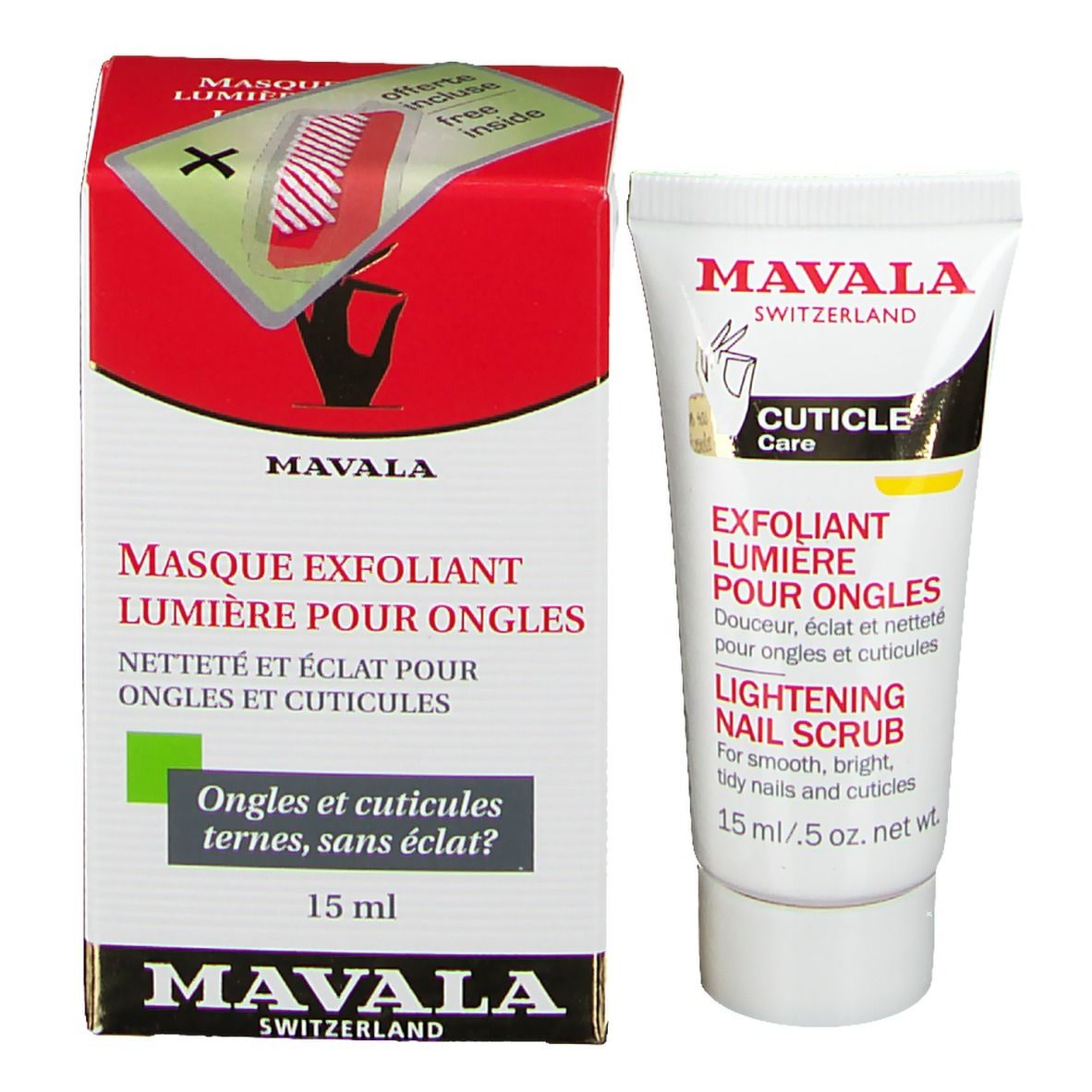 Boîte et tube de gommage pour ongles. Inscription: Mavala Switzerland, Masque Exfoliant Lumineux Pour Ongles, Lightening Nail Scrub.