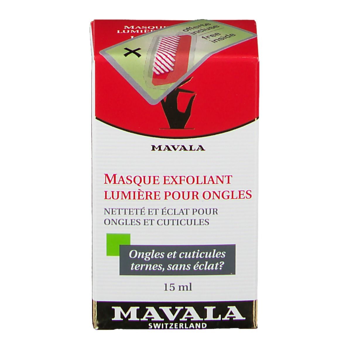 Boîte rouge de gommage pour ongles. Inscription: Mavala, Masque Exfoliant Lumineux Pour Ongles, 15 ml.