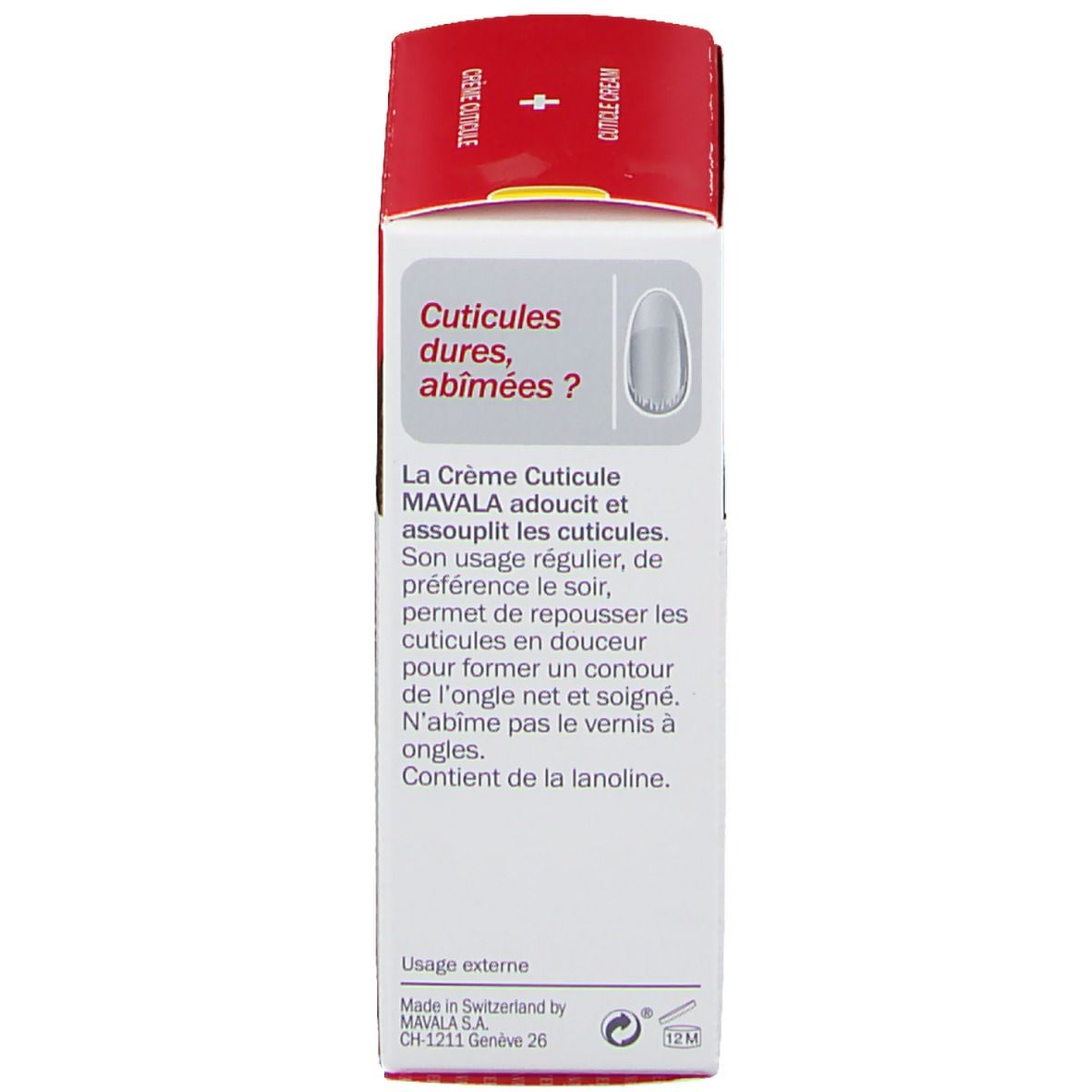 Dos de la boîte rouge. Texte: La Crème Cuticule Mavala. Usage externe.
