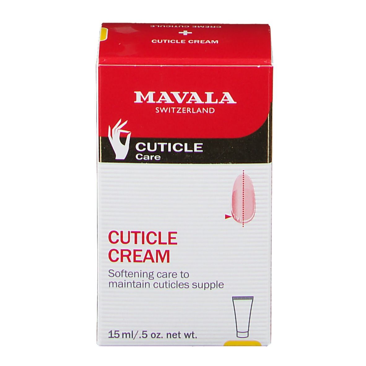 Boîte rouge avec texte blanc: Cuticle Cream. 15 ml. Illustration produit.