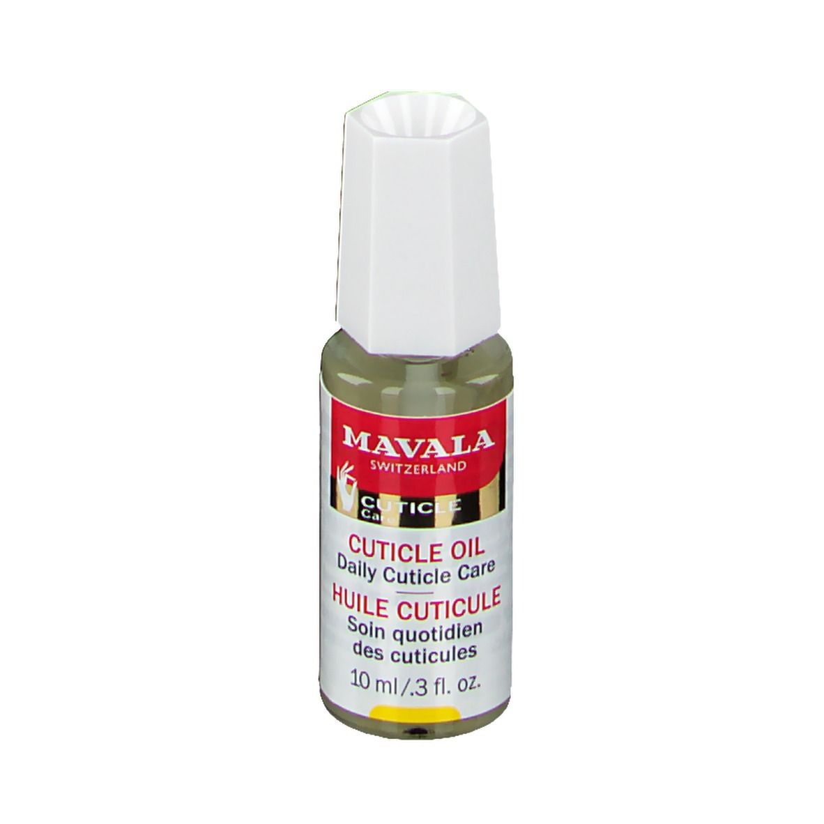 Flacon d'huile pour cuticules avec bouchon blanc. Étiquette rouge avec texte: CUTICLE OIL, HUILE CUTICULE. 10 ml.