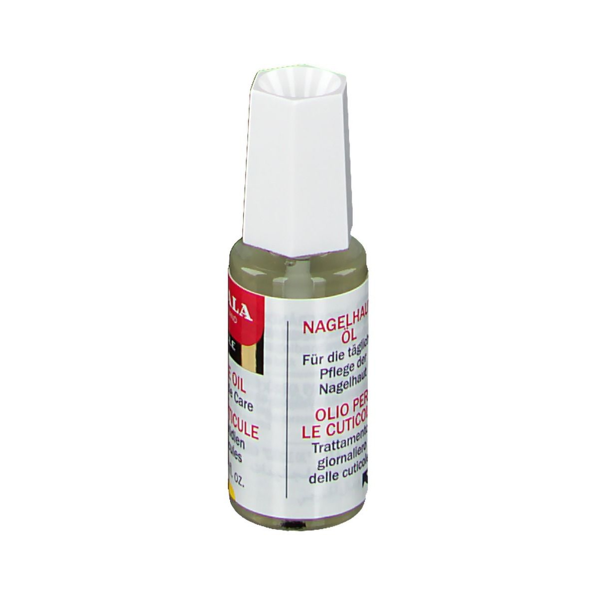 Flacon d'huile pour cuticules avec bouchon blanc. Étiquette rouge avec texte: HUILE CUTICULE, OILO PER LE CUTICOLE. 10 ml.