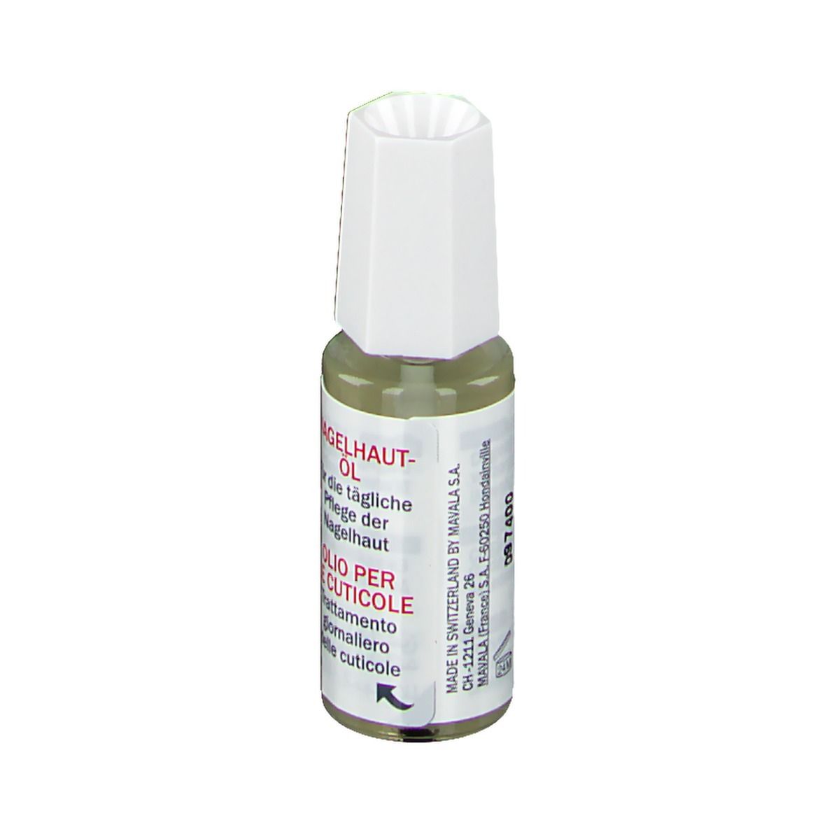 Flacon d'huile pour cuticules avec bouchon blanc. Étiquette rouge avec texte: HUILE CUTICULE, OILO PER LE CUTICOLE. 10 ml.