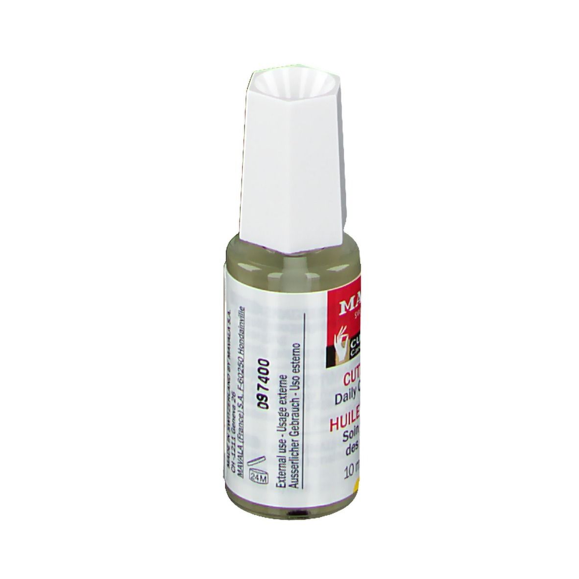 Flacon d'huile pour cuticules avec bouchon blanc. Étiquette rouge avec texte: CUTICLE OIL, HUILE CUTICULE. 10 ml.