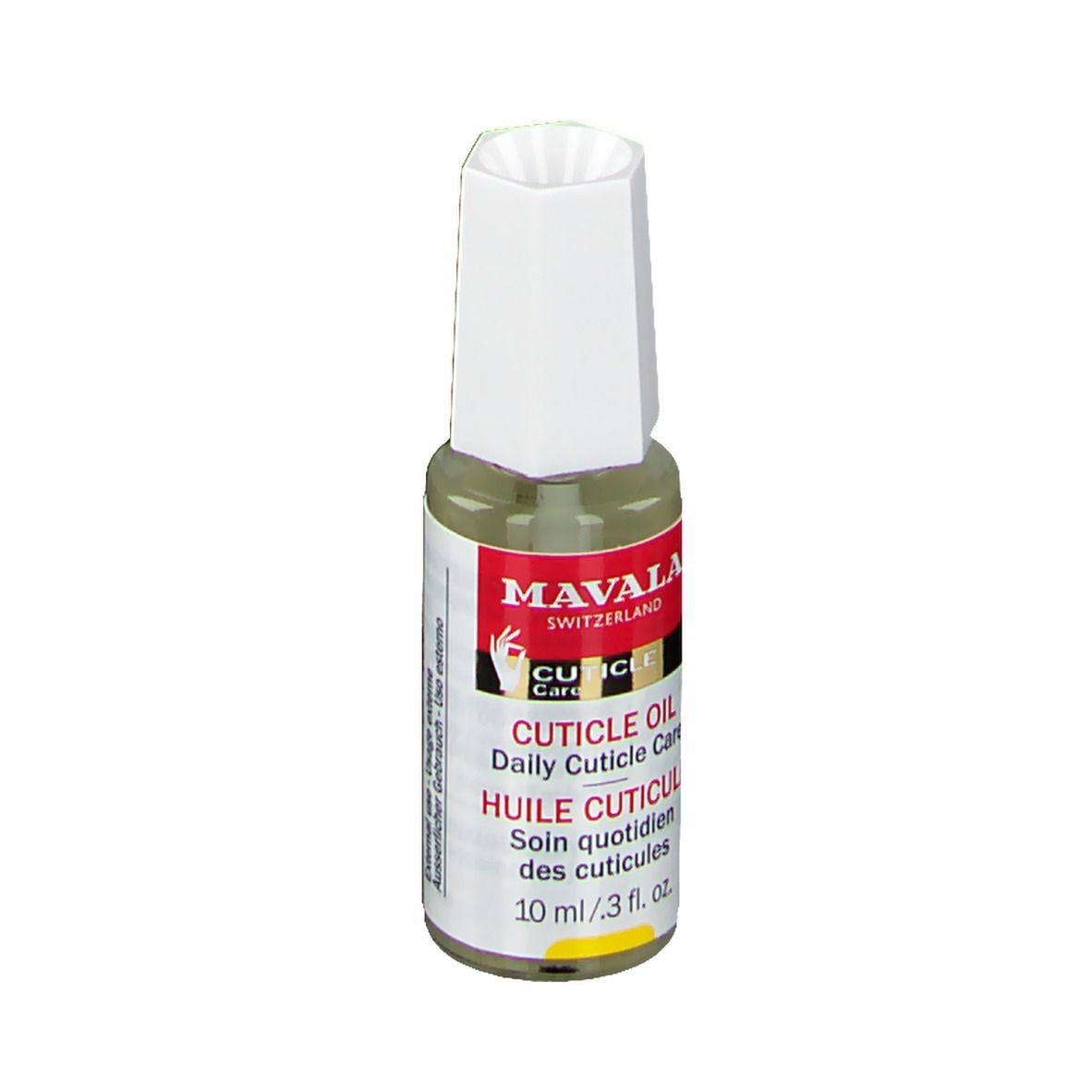 Flacon d'huile pour cuticules avec bouchon blanc. Étiquette rouge avec texte: CUTICLE OIL, HUILE CUTICULE. 10 ml.