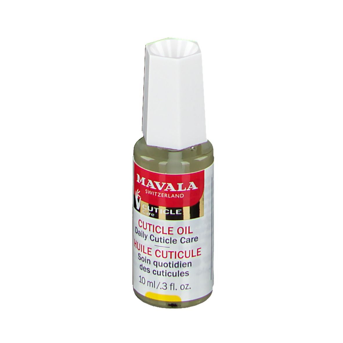 Flacon d'huile pour cuticules avec bouchon blanc. Étiquette rouge avec texte: CUTICLE OIL, HUILE CUTICULE. 10 ml.