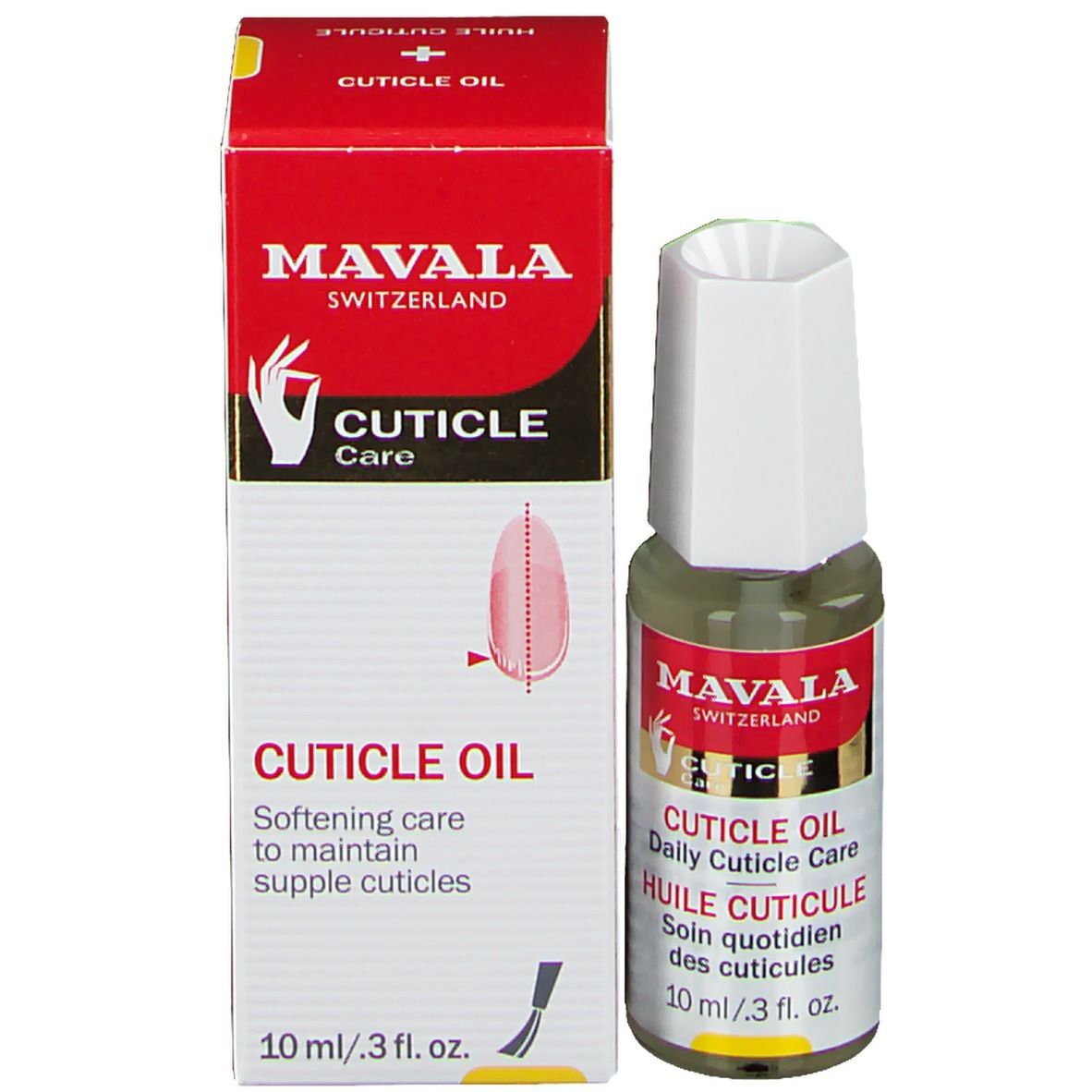 Flacon d'huile pour cuticules et boîte. Étiquette rouge avec texte: CUTICLE OIL, HUILE CUTICULE. 10 ml. Boîte montre un ongle.