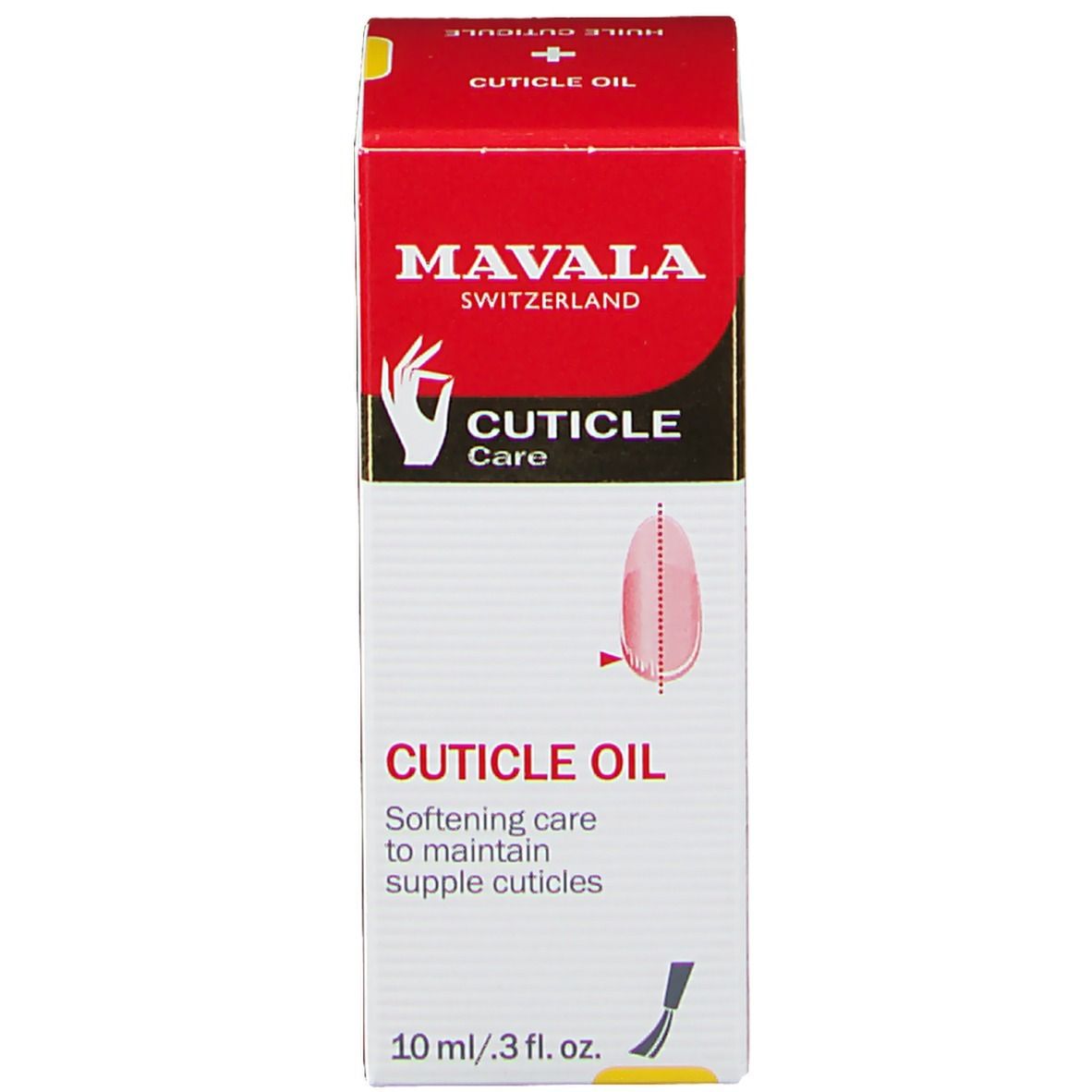 Boîte d'huile pour cuticules. Étiquette rouge avec texte: CUTICLE OIL, HUILE CUTICULE. 10 ml. Montre un ongle.