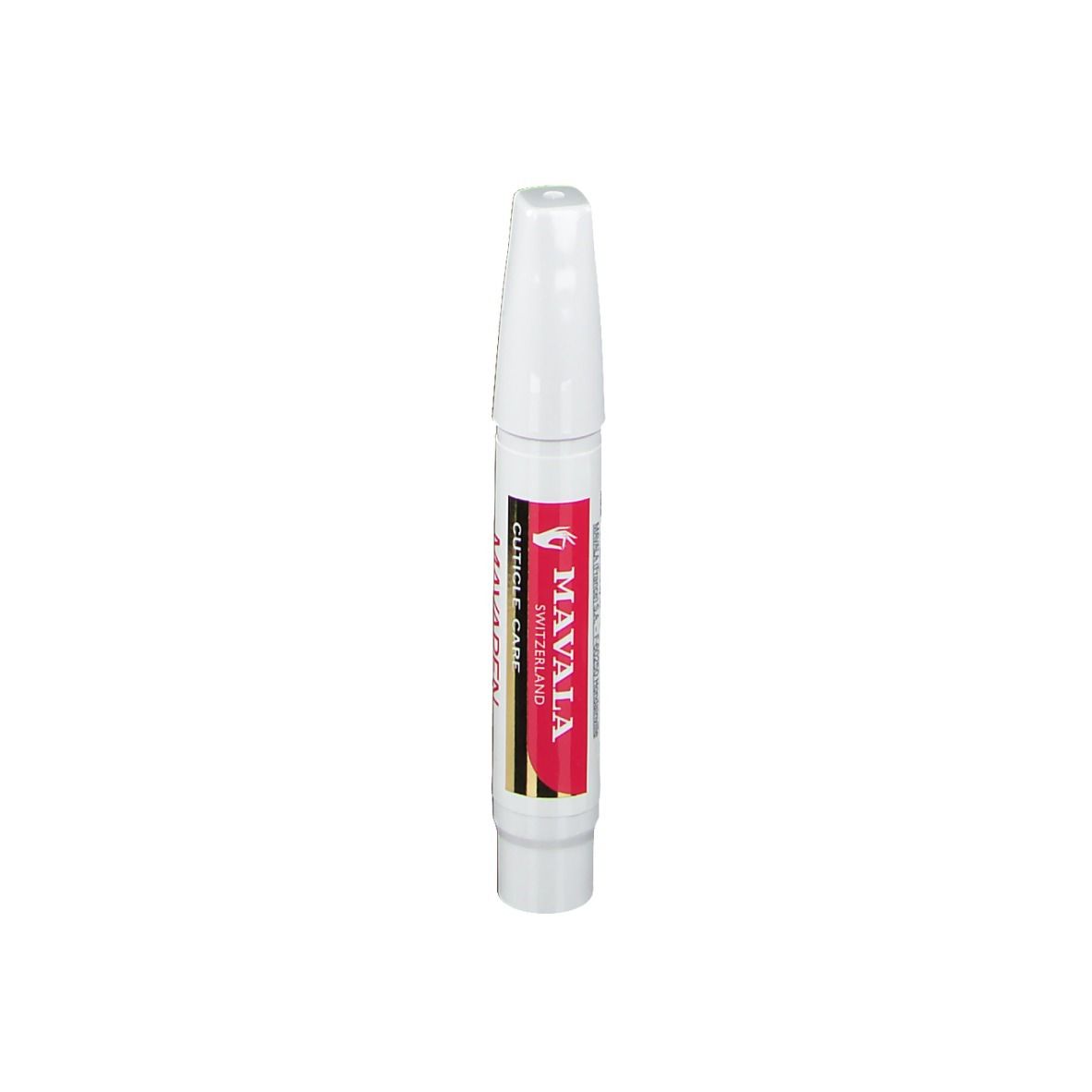 Stylo blanc avec bande rouge. Inscription: MAVALA SWITZERLAND, CUTICLE CARE.