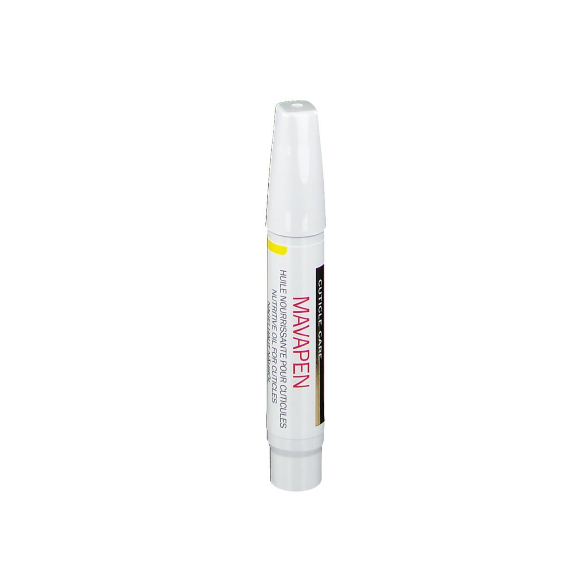 Stylo blanc avec bande jaune. Inscription: NUTRIENT OIL FOR CUTICLES.