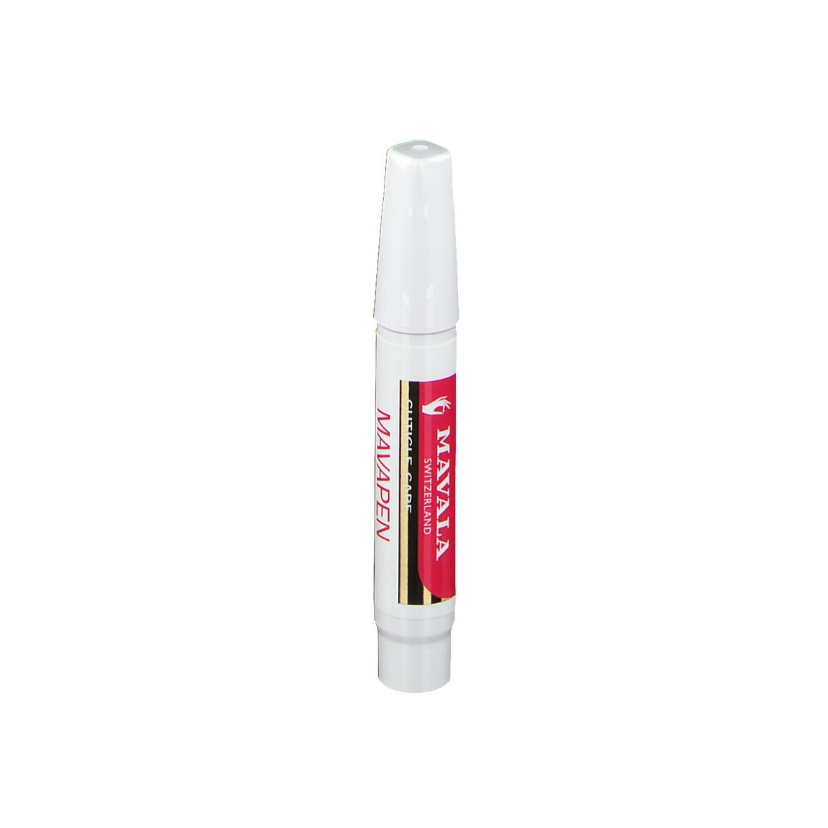 Stylo blanc avec bande rouge. Inscription: MAVALA SWITZERLAND, CUTICLE CARE.