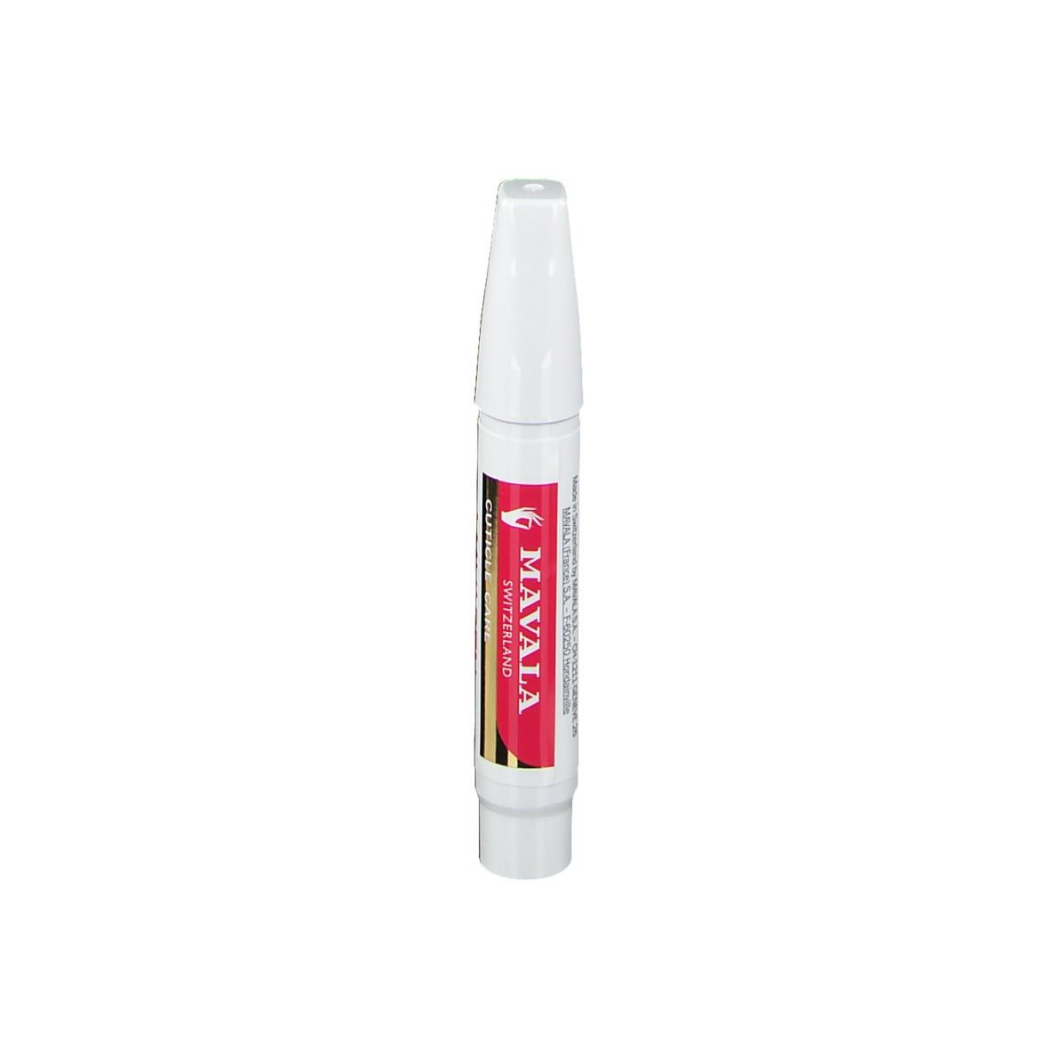 Stylo blanc avec bande rouge. Inscription: MAVALA SWITZERLAND, CUTICLE CARE.