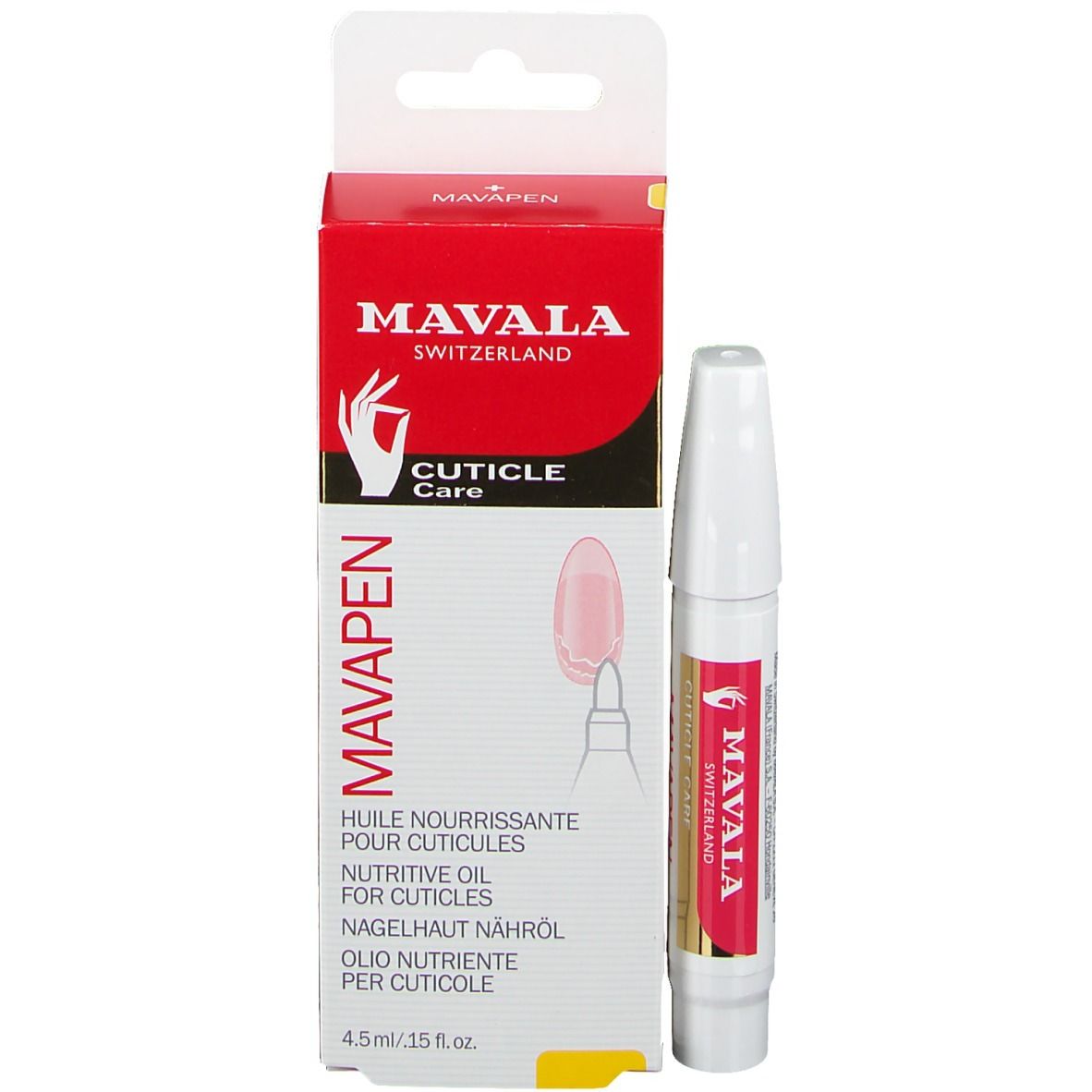 Produit et emballage. Stylo blanc et boîte rouge. Inscription: MAVALA, CUTICLE CARE.