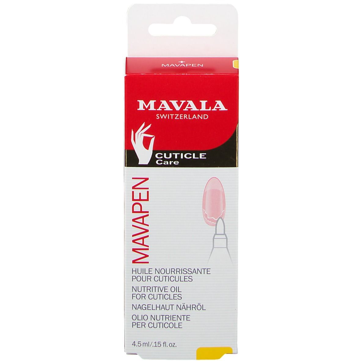 Produit et emballage. Boîte rouge avec stylo blanc. Inscription: MAVALA, CUTICLE CARE.