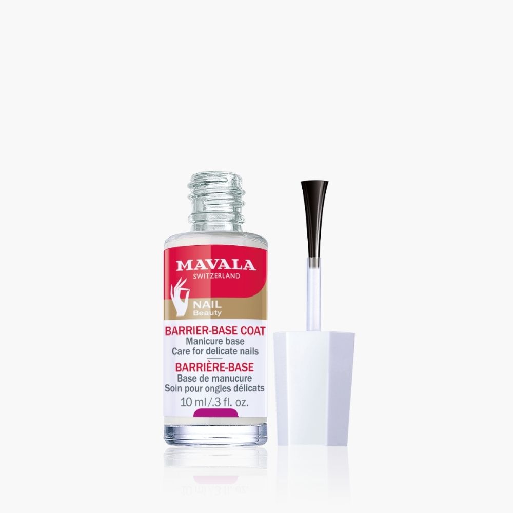 Flacon de vernis à ongles Mavala-Barriere-Basis avec pinceau. Inscription: BARRIERE-BASE, 10 ml/0.3 fl. oz.