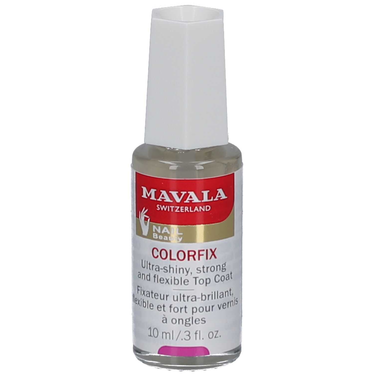 Mavala Colorfix vernis à ongles. Flacon avec bouchon blanc. Texte: Ultra-shiny, strong and flexible Top Coat. 10 ml/3 fl. oz.