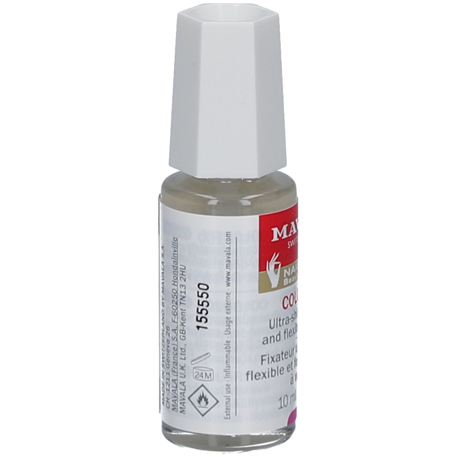 Mavala Colorfix vernis à ongles. Flacon avec bouchon blanc. Inscription: 155550. Texte: Ultra-shiny, strong and flexible Top Coat. 10 ml/3 fl. oz.