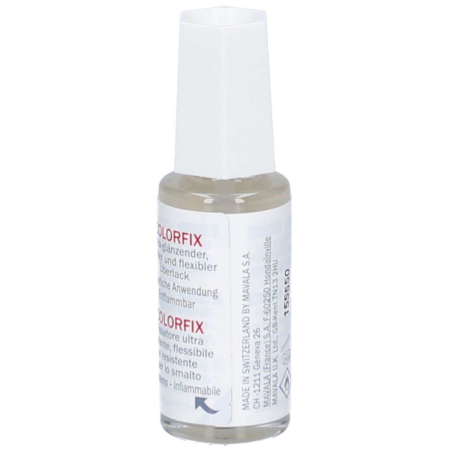 Mavala Colorfix vernis à ongles. Flacon avec bouchon blanc. Texte: Ultra-brillant, fort et flexible. 10 ml/3 fl. oz.