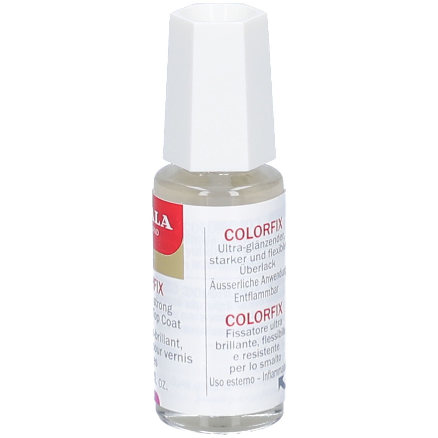 Mavala Colorfix vernis à ongles. Flacon avec bouchon blanc. Texte: Ultra-brillant, fort et flexible. 10 ml/3 fl. oz.