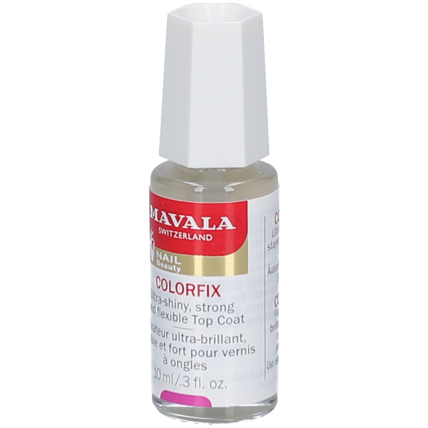 Mavala Colorfix vernis à ongles. Flacon avec bouchon blanc. Texte: Ultra-brillant, fort et flexible. 10 ml/3 fl. oz.