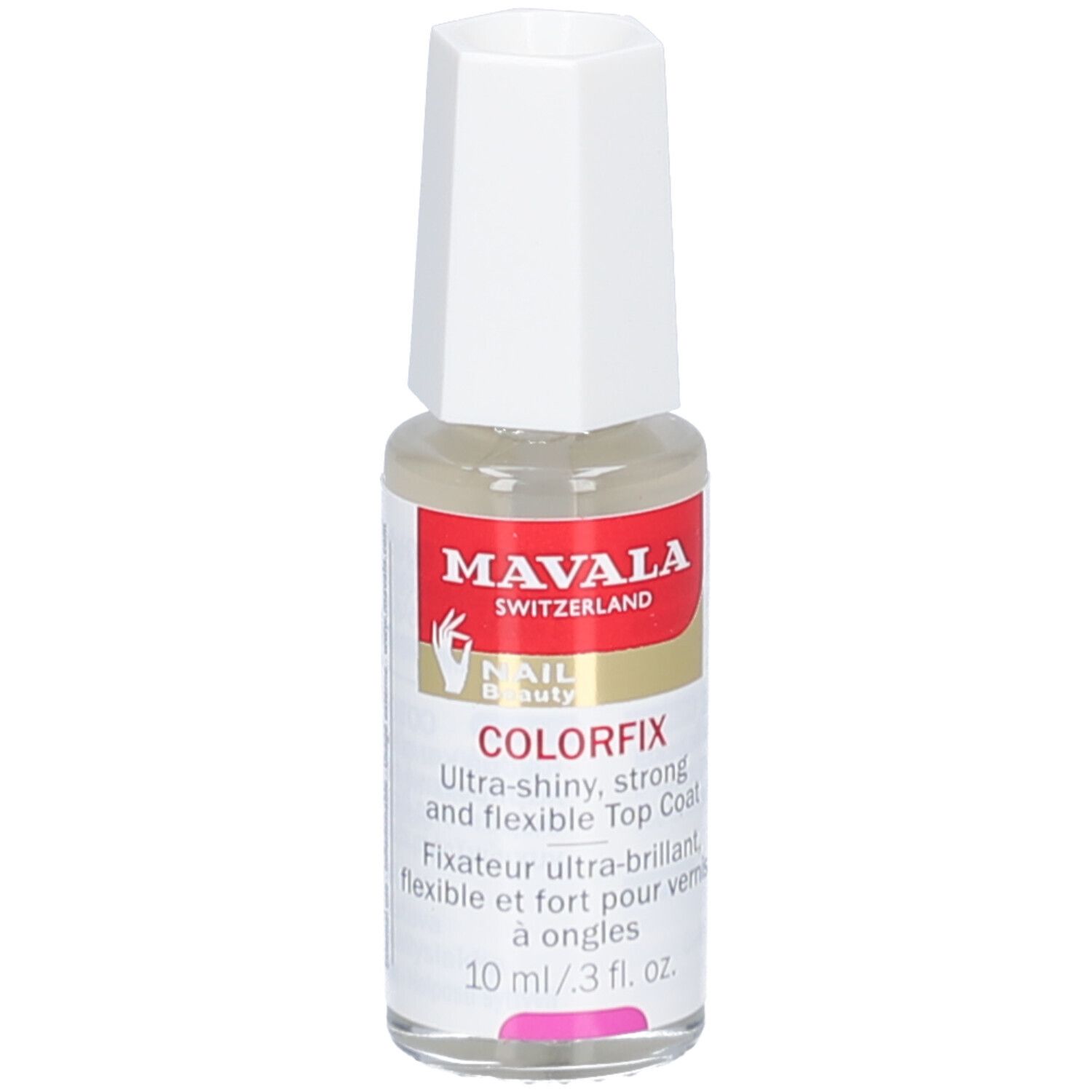 Mavala Colorfix vernis à ongles. Flacon avec bouchon blanc. Texte: Ultra-brillant, fort et flexible. 10 ml/3 fl. oz.