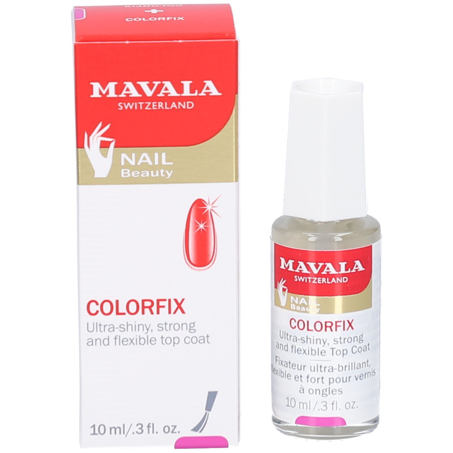 Mavala Colorfix vernis à ongles et emballage. Flacon et boîte. Texte: Ultra-brillant, fort et flexible. 10 ml/3 fl. oz.