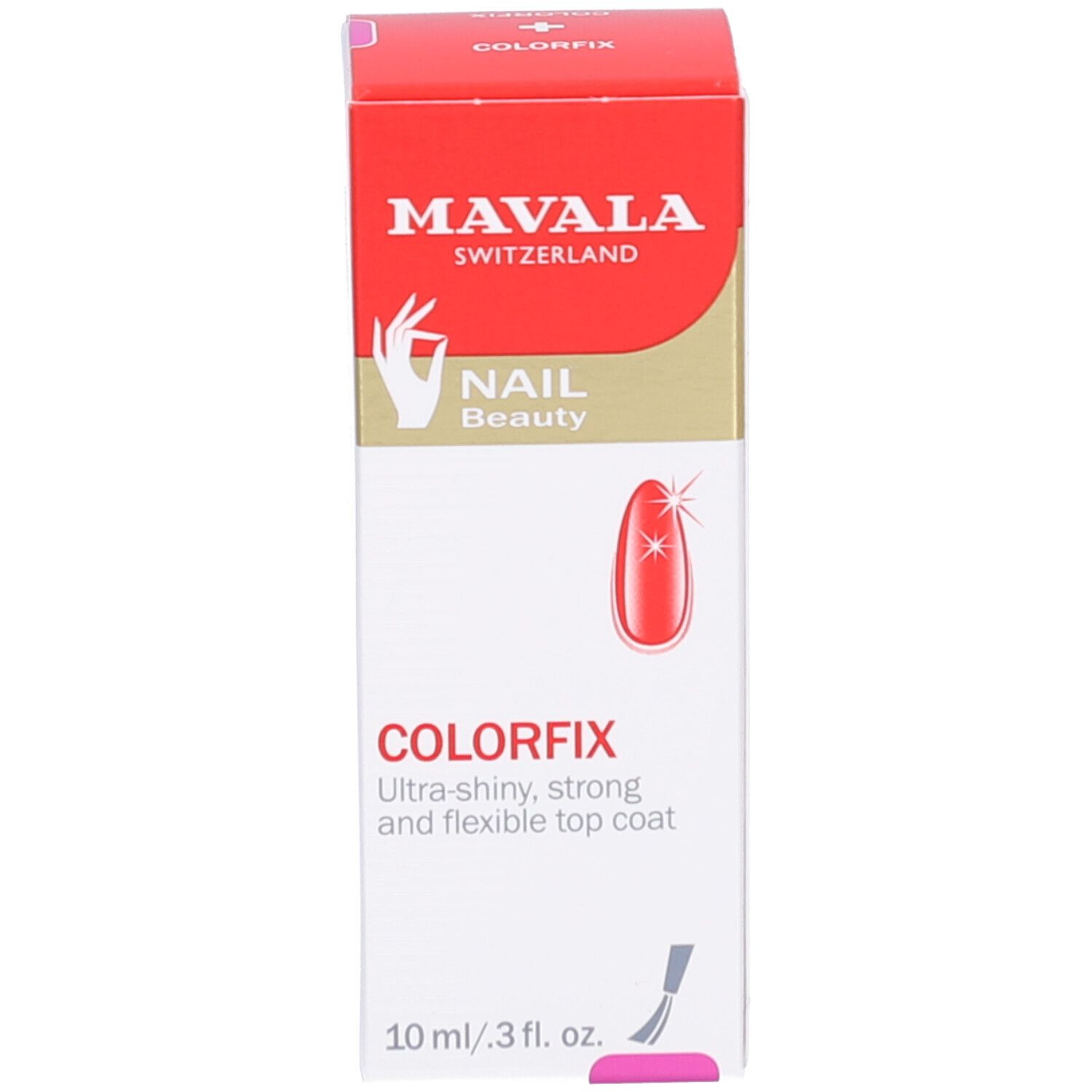 Emballage Mavala Colorfix. Boîte rouge. Texte: Ultra-brillant, fort et flexible. 10 ml/3 fl. oz.