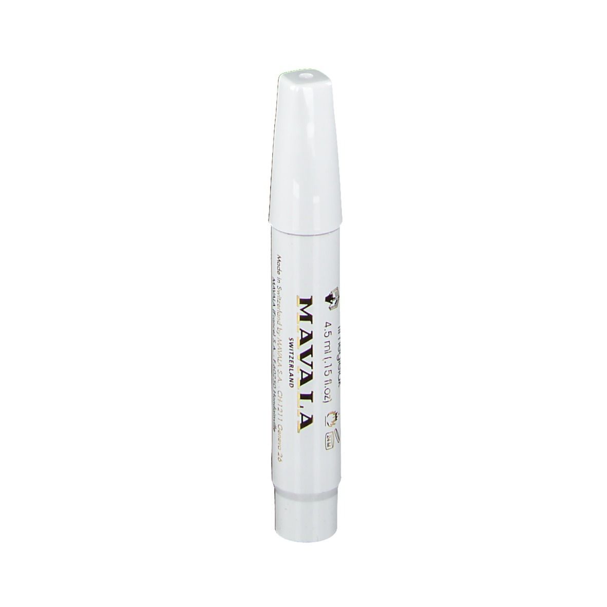 Stylo blanc à pointe biseautée. Inscription: MAVALA, 4,5 ml. Produit pour la correction des ongles.