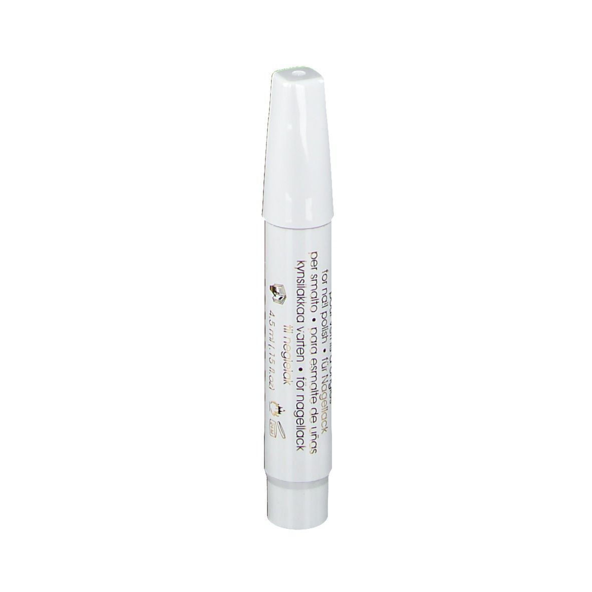 Stylo blanc à pointe biseautée. Texte: Pour vernis à ongles. Produit pour la correction des ongles.