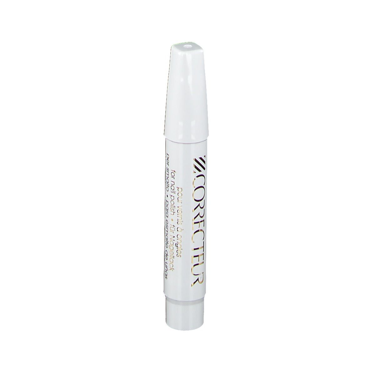 Stylo blanc à pointe biseautée. Inscription: CORRECTEUR. Produit pour la correction des ongles.
