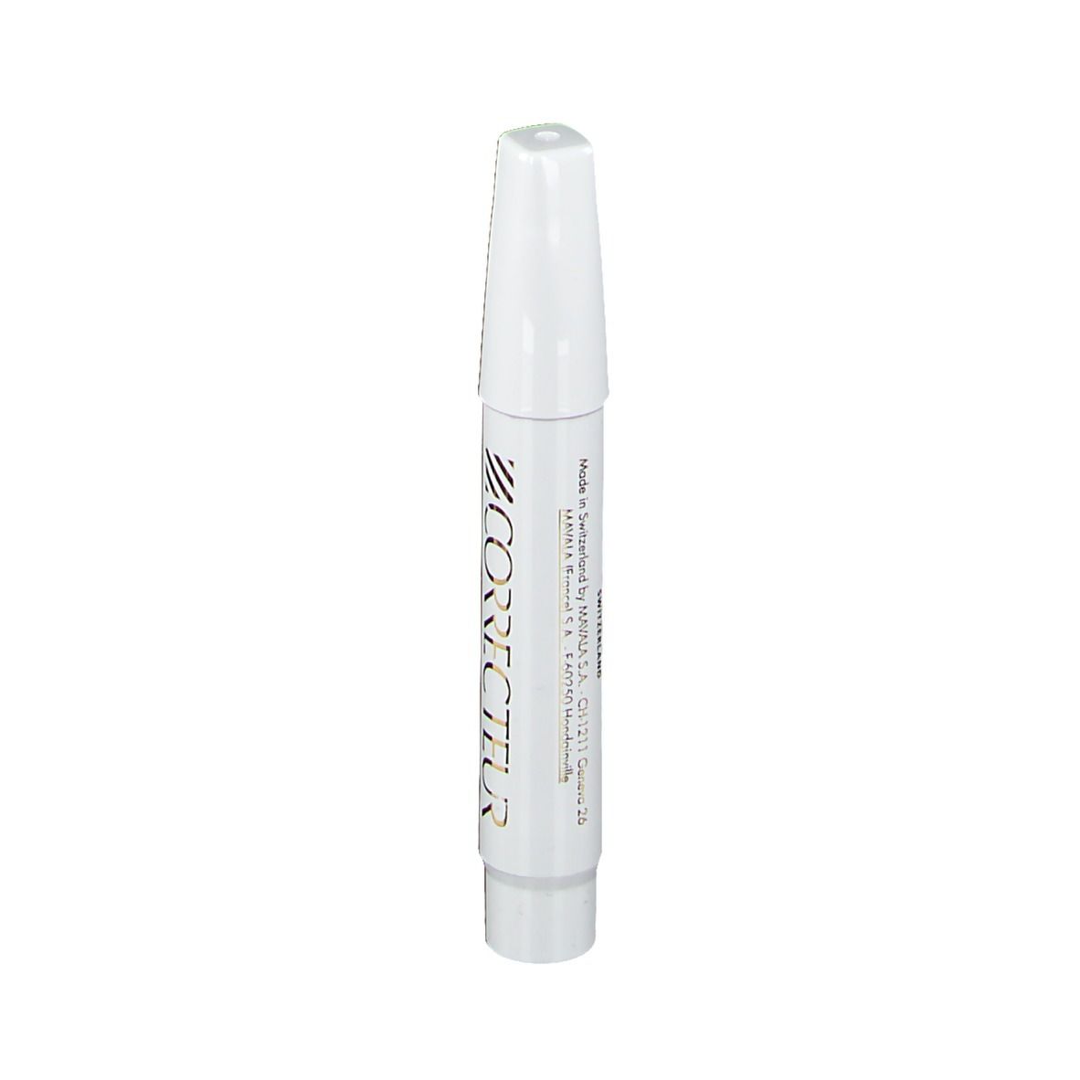 Stylo blanc à pointe biseautée. Inscription: CORRECTEUR. Produit pour la correction des ongles.