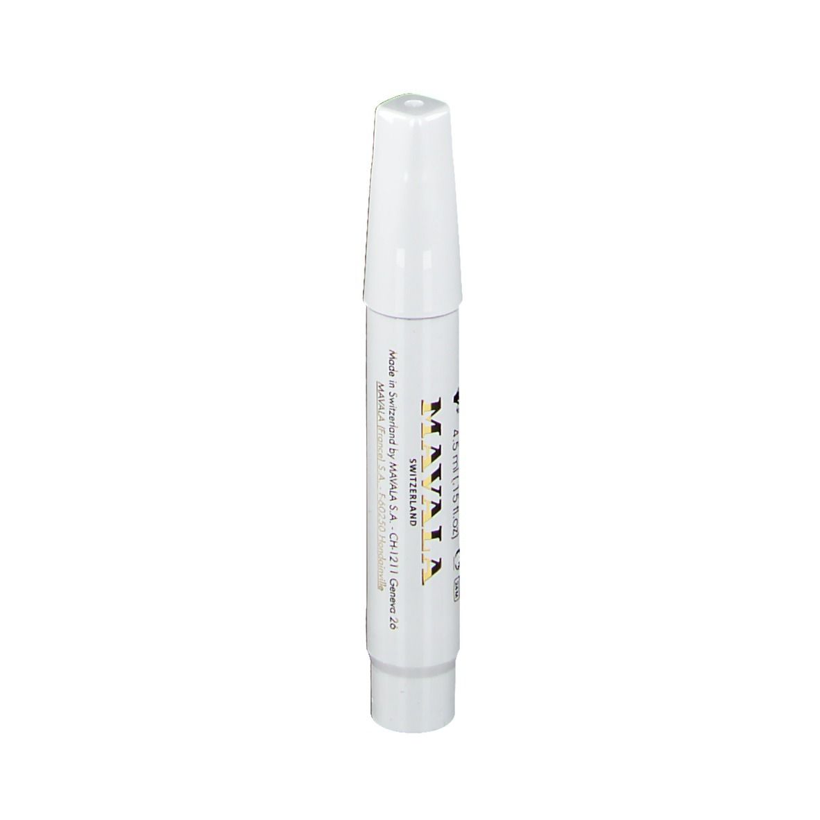 Stylo blanc à pointe biseautée. Inscription: MAVALA, SWITZERLAND. Produit pour la correction des ongles.