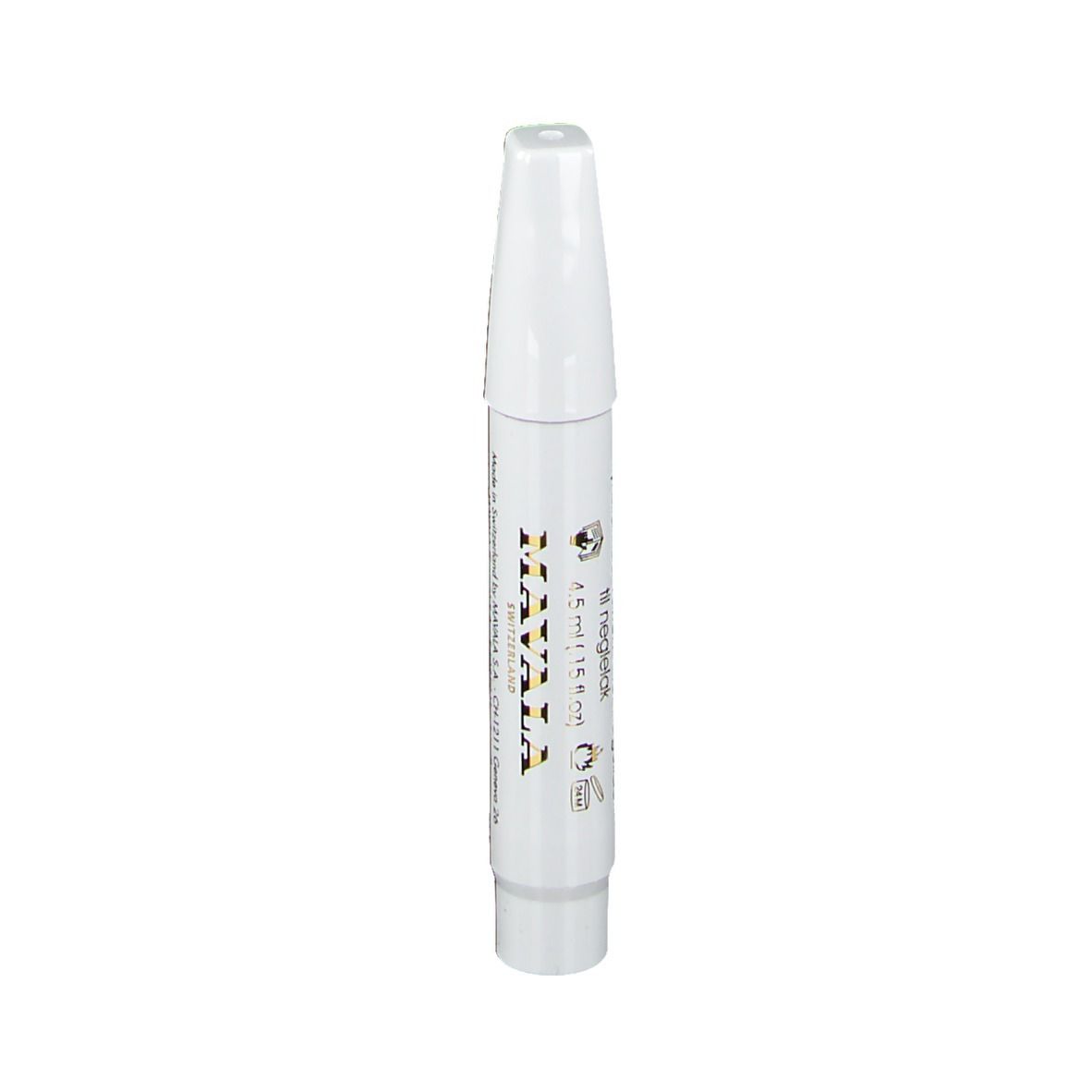 Stylo blanc à pointe biseautée. Inscription: MAVALA, 4,5 ml. Produit pour la correction des ongles.