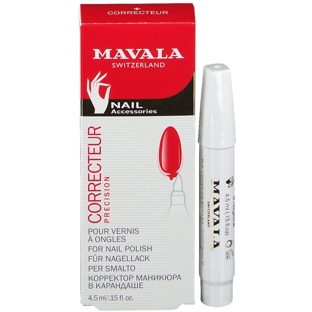 Boîte rouge avec stylo blanc. Inscription: MAVALA, CORRECTEUR, 4,5 ml. Produit pour la correction des ongles.