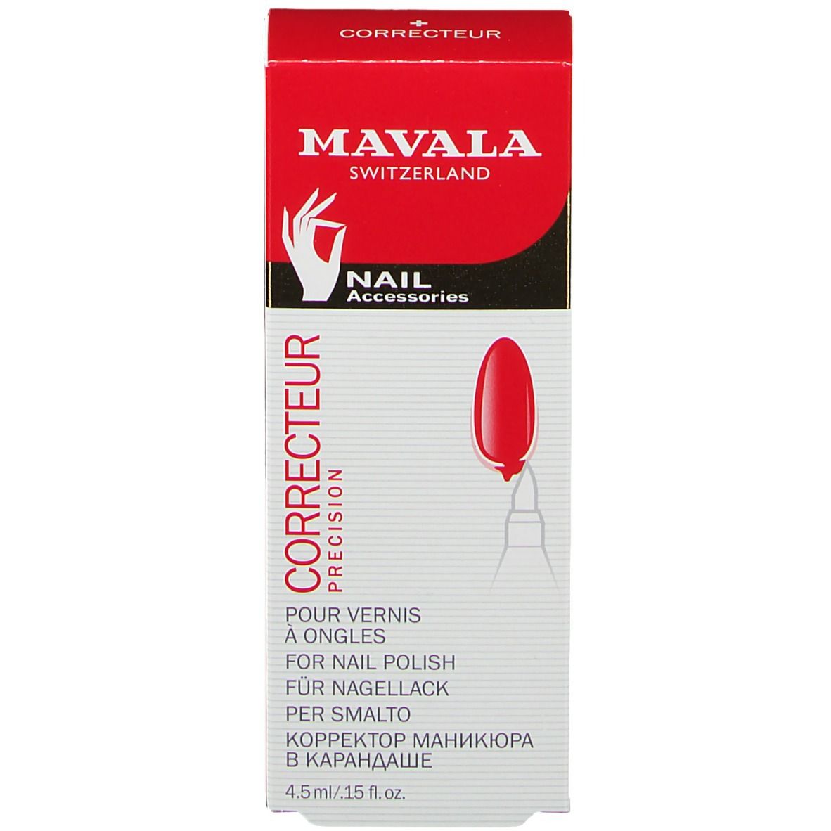 Boîte rouge avec stylo blanc. Inscription: MAVALA, CORRECTEUR, 4,5 ml. Produit pour la correction des ongles.