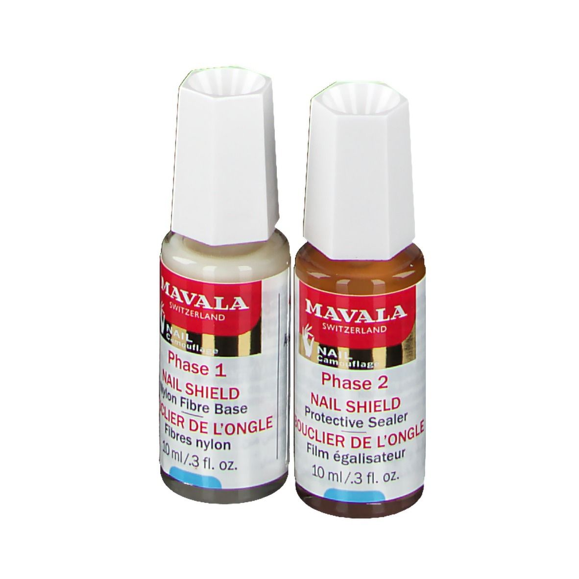 Deux flacons Mavala Nail Shield. Phase 1: Base fibre nylon. Phase 2: Scellant protecteur. Liquides blanc et brun.