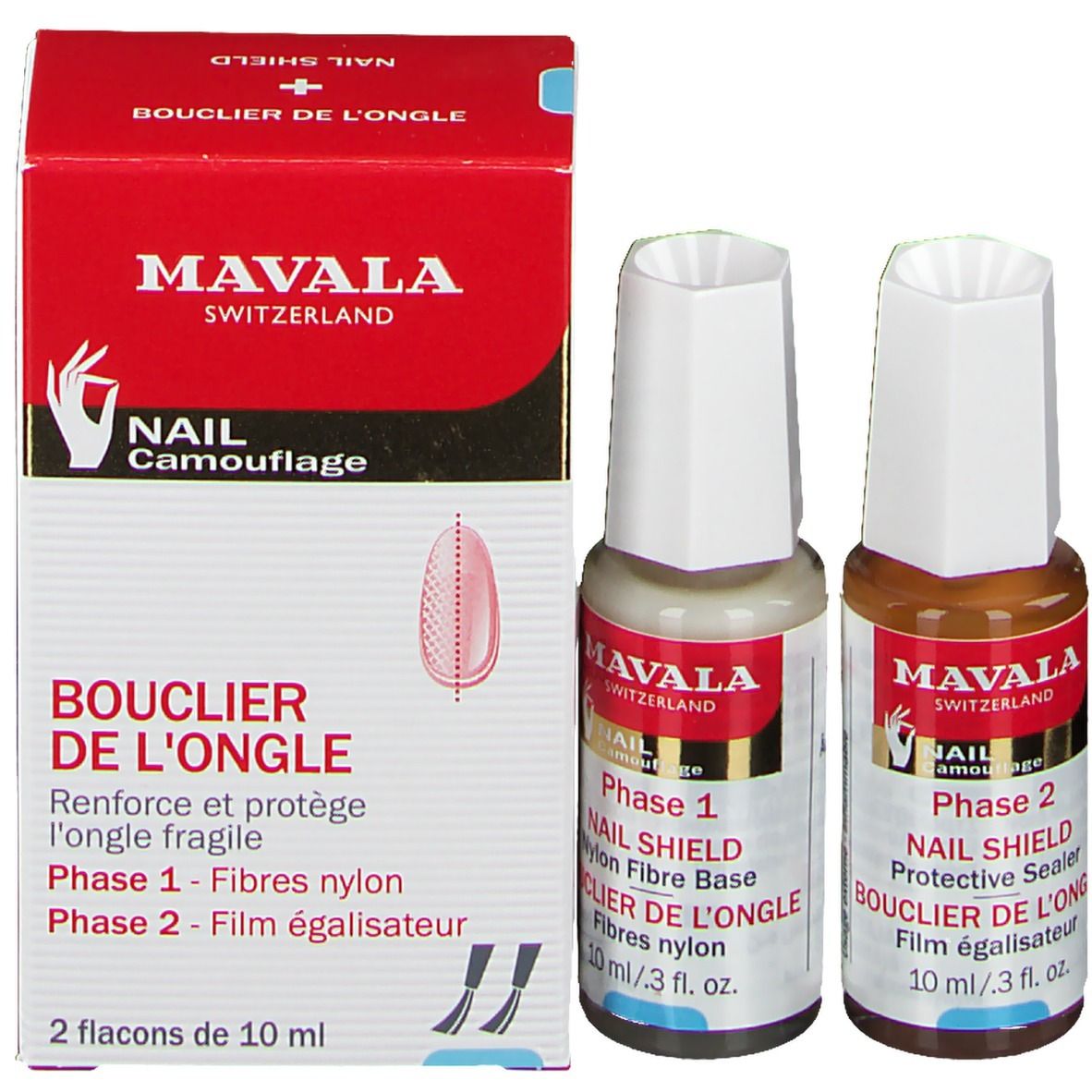Kit Mavala Nail Shield avec deux flacons et un emballage. Emballage rouge et blanc. Noms et détails du produit.