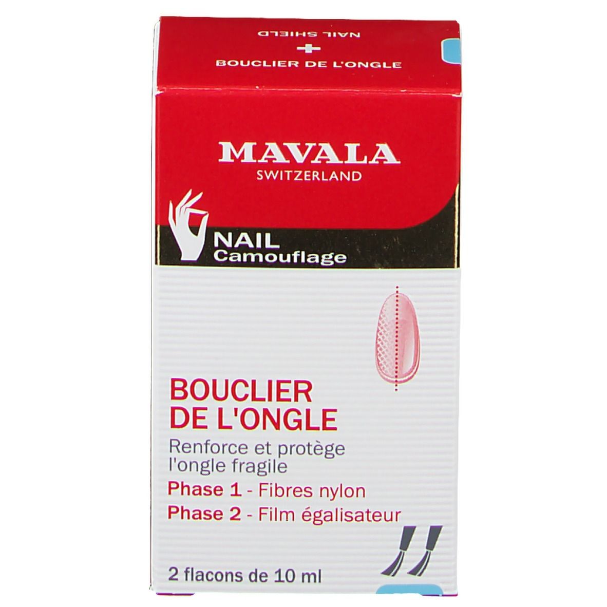 Emballage pour Mavala Nail Shield. Boîte rouge et blanche. Nom et détails du produit. Deux flacons de 10 ml.