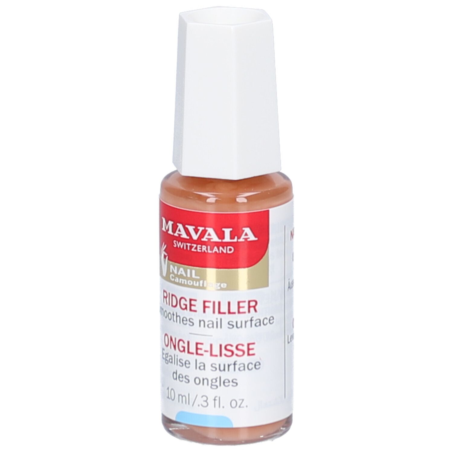 Ongle-Lisse de Mavala. Flacon avec bouchon blanc. Inscription: Ridge Filler, lisse la surface de l'ongle. Contenance: 10 ml.
