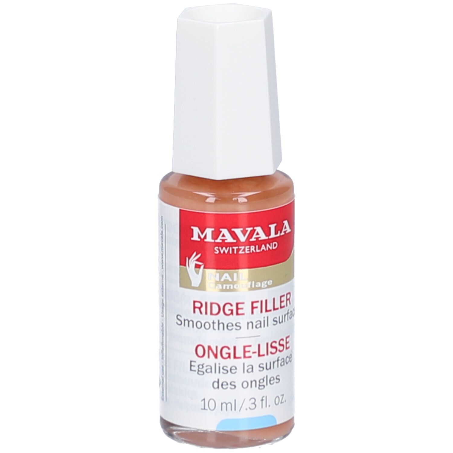 Ongle-Lisse de Mavala. Flacon avec bouchon blanc. Inscription: Ridge Filler, lisse la surface de l'ongle. Contenance: 10 ml.