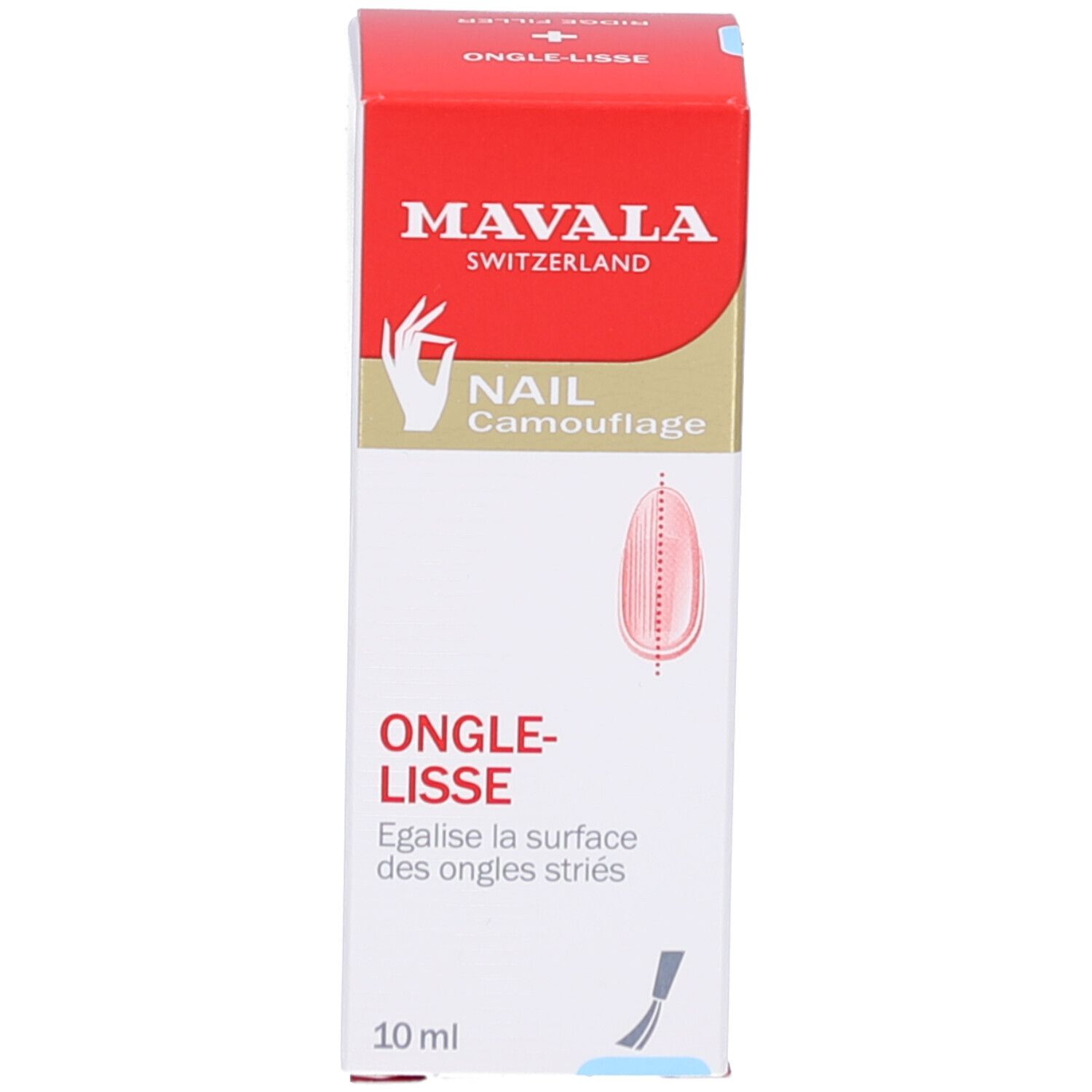 Emballage de Ongle-Lisse Mavala. Boîte rouge avec image du produit et texte. Contenance: 10 ml.