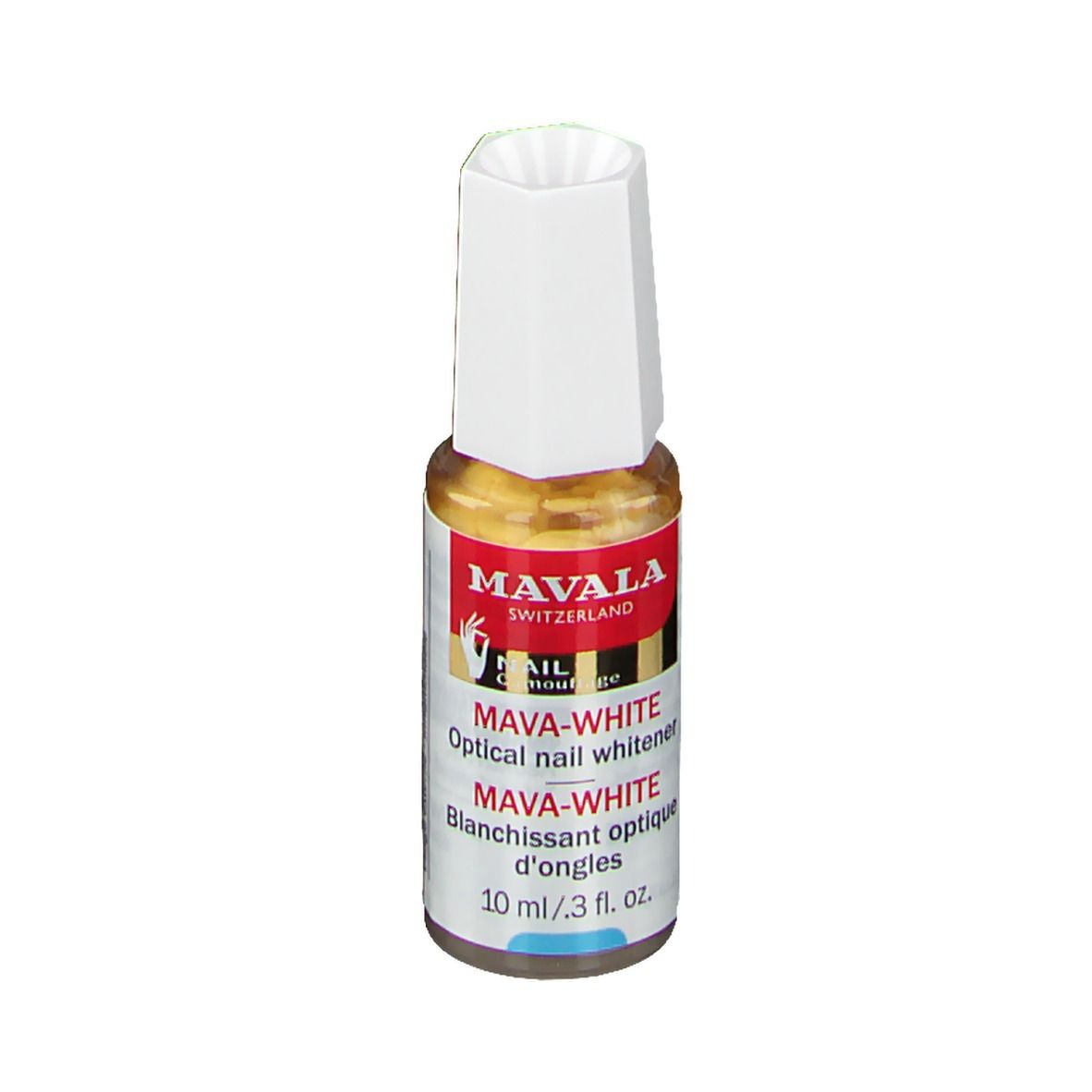Mava-Weiß de Mavala. Blanchisseur optique pour ongles. Flacon avec bouchon blanc. Étiquette avec nom et logo.
