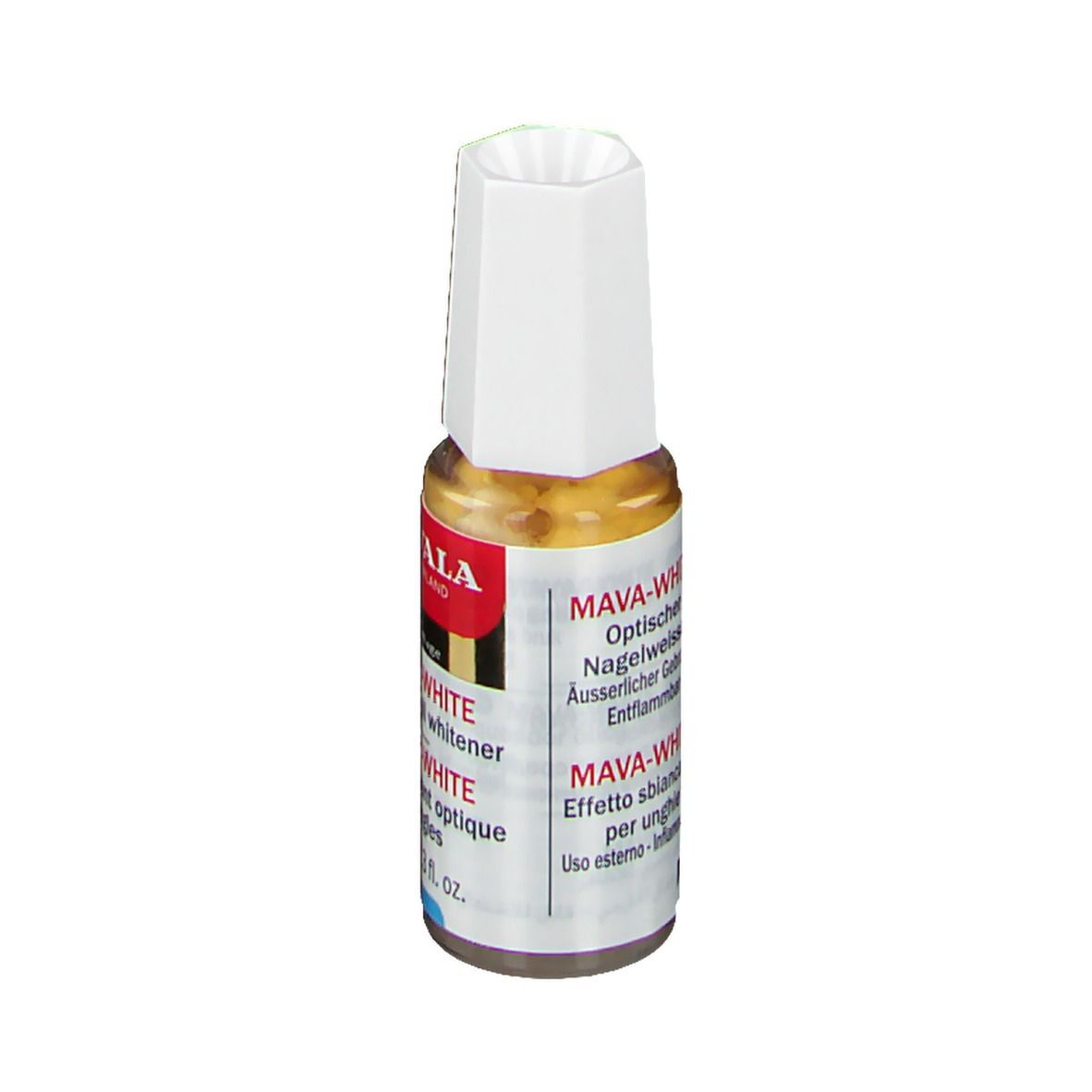 Mava-Weiß de Mavala. Blanchisseur optique pour ongles. Flacon avec bouchon blanc. Étiquette avec nom et logo.