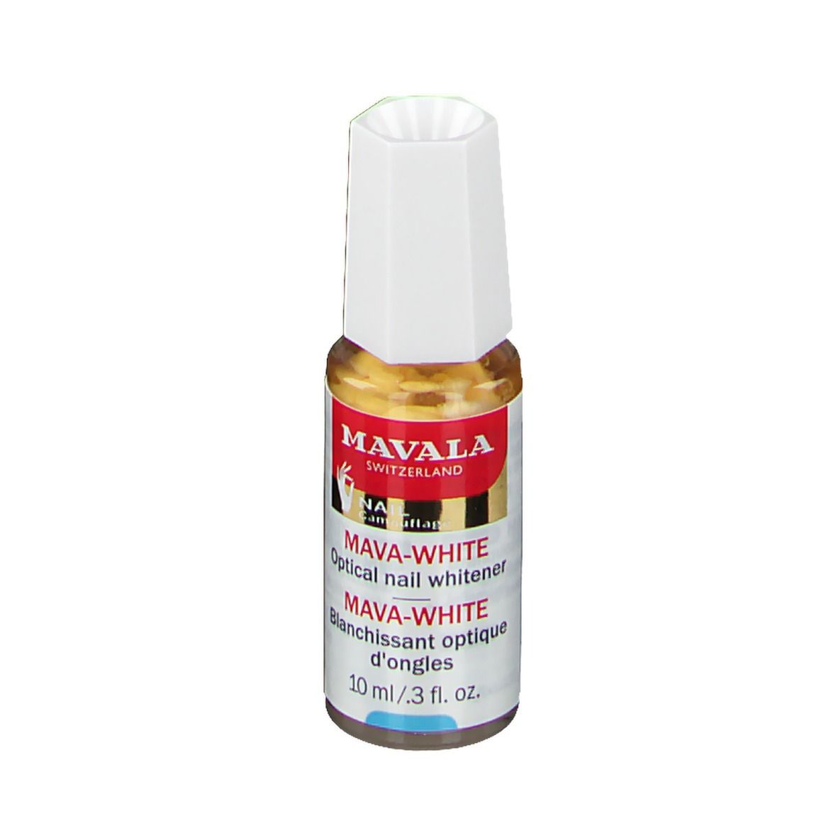 Mava-Weiß de Mavala. Blanchisseur optique pour ongles. Flacon avec bouchon blanc. Étiquette avec nom et logo.