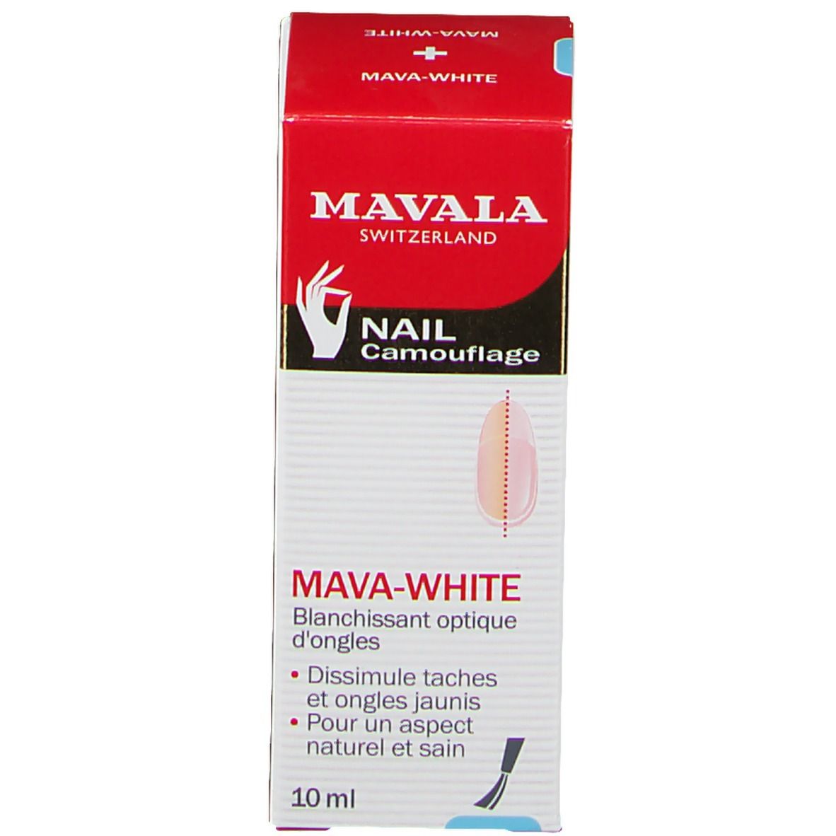 Mava-Weiß de Mavala. Kit camouflage pour ongles. Flacon et emballage. Emballage rouge avec nom et logo.